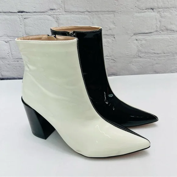 Chunky Heel Two Tone Black and White Patent Day-Vine Ankle Boots, 39 / 8.5 - Picture 2 of 9